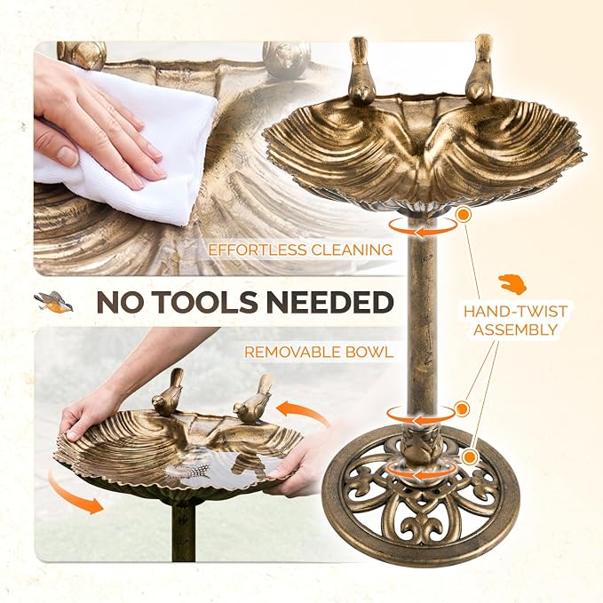 VINGLI Pedestal Bird Bath with Solar Fountain, Solar Pump Resin Birdbaths, Weather Resistant Bird Baths with Ground Stakes, Vintage Finish Garden Decor for Outdoor, Patio, Yard, Lawn (Copper Shell)