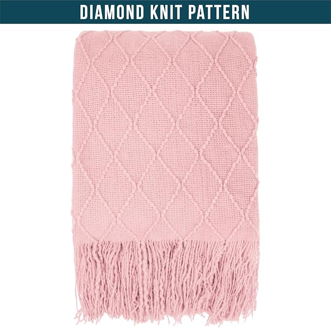 PAVILIA Light Pink Knit Throw Blanket for Couch Bed, Soft Knitted Farmhouse Sofa Throw for Living Room, Lightweight Decorative Summer Throw Blanket for Chair, Outdoor Textured Boho Blanket, 50x60