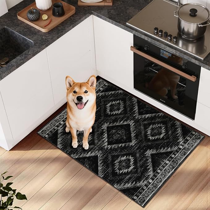 2'x3' Washable Samll Rug for Living Room Black | Western No Slip Low Pile Print Foldable Indoor Small Rug for Kitchen entryway doormat