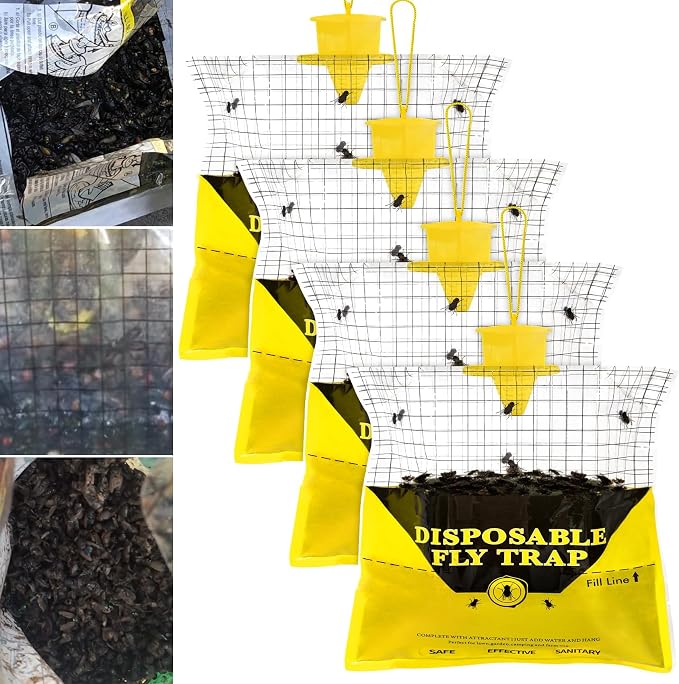 Glovv Fly Traps Outdoor Hanging with Fly Bait, 4 Pack Disposable Bags Hunter Ranch Trap, Flies Control Bug Catcher Killer Repellent for Stable Horse Barn & Farm