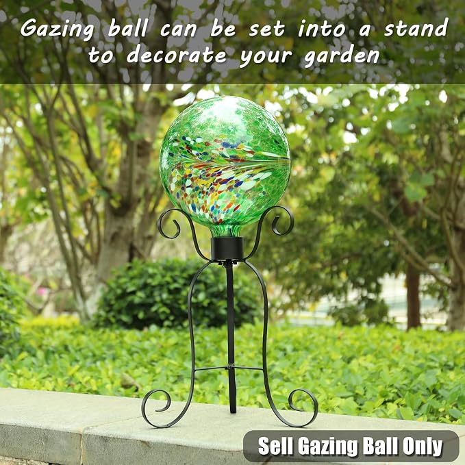 VCUTEKA Gazing Ball for Garden, Glass Outdoor Garden Globe Decor 10" Green | Handcrafted green swirl glass gazing balls that creates elegant garden focal point in any outdoor landscape yard decorative