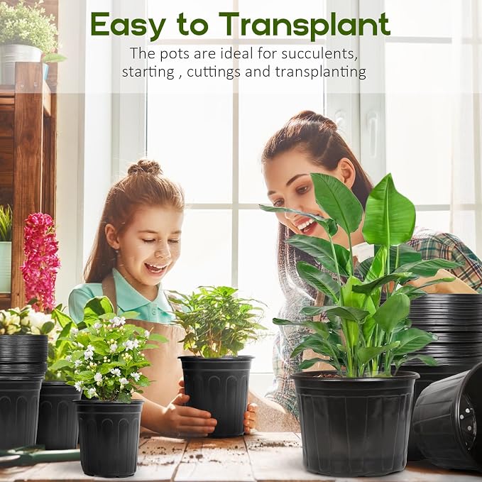 OUPSAUI 2/3/5 Gallon Pots for Plants,Flexible Gallon Plastic Nursery Pots with Drainage Holes, Plastic Pots for Outdoor Plants (5Gal-12pcs)