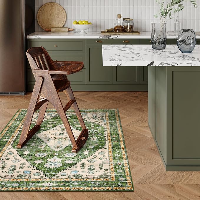 Lahome Felice Boho Tribal Area Rug - 4x6 Green Machine Washable Bedroom Rugs for Living Room, Disstressed Soft Non Slip Indoor Nursery Floor Mat Carpet for Kitchen Table Home Office Camper RV Bar