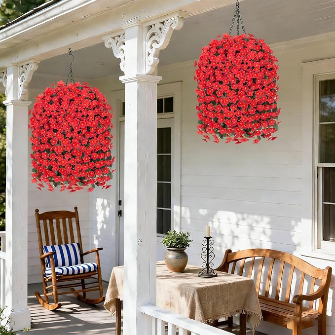 HyeFlora Artificial Fake Hanging Flowers Plants Basket for Outdoor Outside Spring Summer Decor, Faux Silk Red Daisy Flower Look Real UV Resistant Orchid Vine Plant for Porch Garden Yard Patio Home