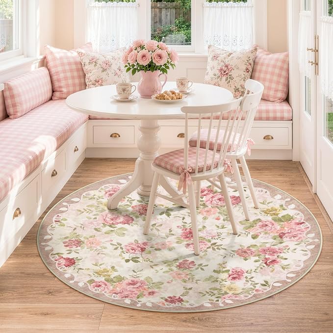 Lahome Round French Floral Rug 5ft, Low Pile Ultra-Thin Reading Nook Rug | Pet Friendly, Easy To Clean Non Slip Carpet For Reading Corner, Vanity Space And Bedroom Decor