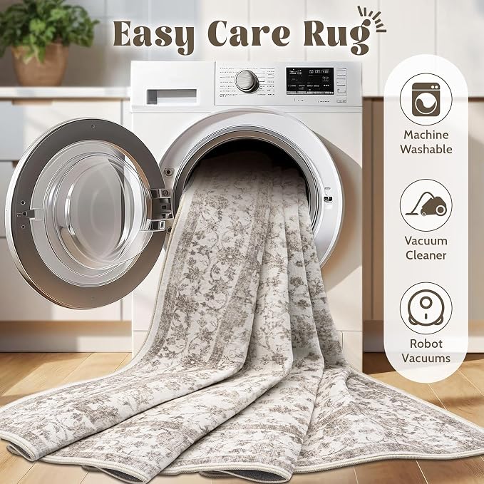 Living Room Rugs 9x12: Washable Moroccan Geometric Boho Rug Farmhouse Non Slip Stain Resistant Large Rug Low Pile Soft Carpet for Bedroom Dining Room Children Room (Grey Floral,9'x12')