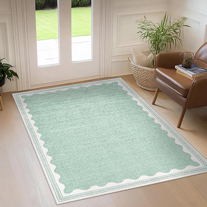 3x5 Scalloped Area Rugs Green Washable Entryway Bedroom Rug | Solid Tan Rug for Bedroom Girls, Non Slip Throw Carpet With Rubber Back, Soft Dorm Nursery Scalloped Rugs for Dining Room