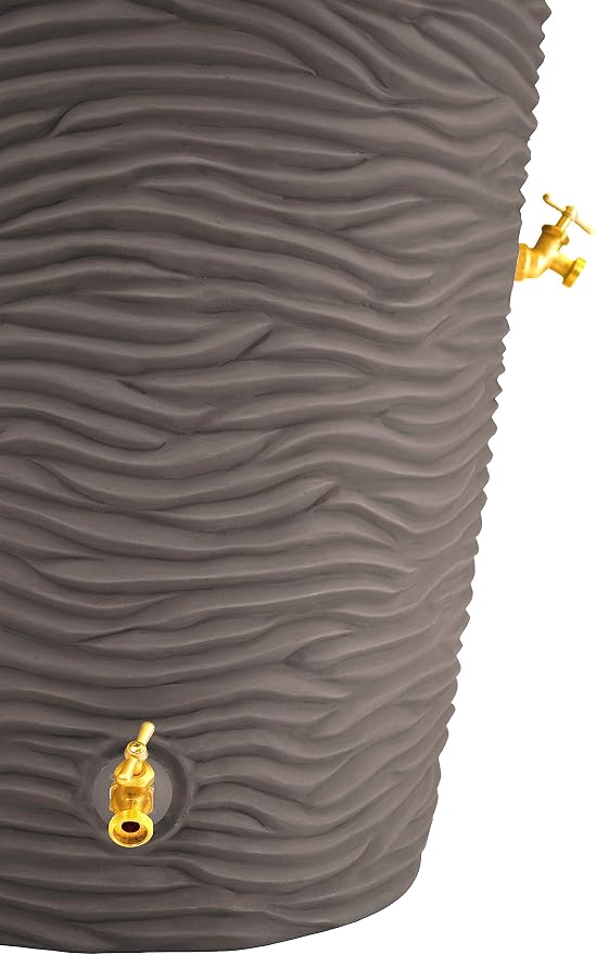 Good Ideas Impressions 50-Gallon Rain Saver Barrel Faux Palm Trunk Surface, Dual Spigot Locations with 2 Brass Spigots and Screen, Oak