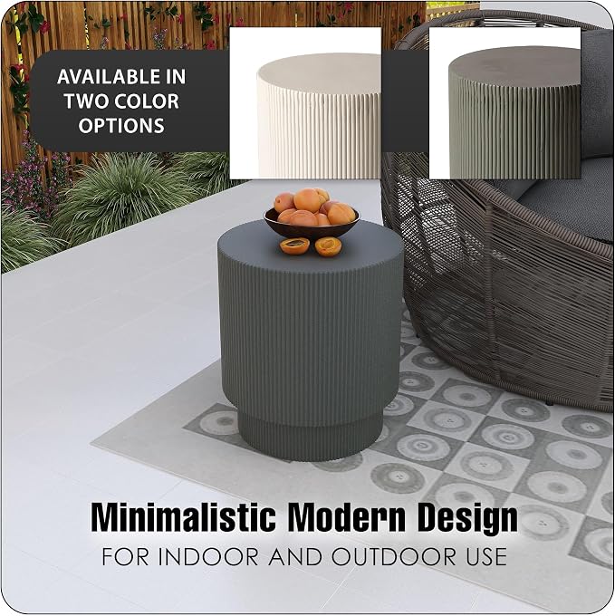 LeisureMod Modern Side Table Round Fiberstone Top Accent End Table for Home, Outdoor Patio, Living Room Sofa, Weather-Resistant, Eden Series in Grey