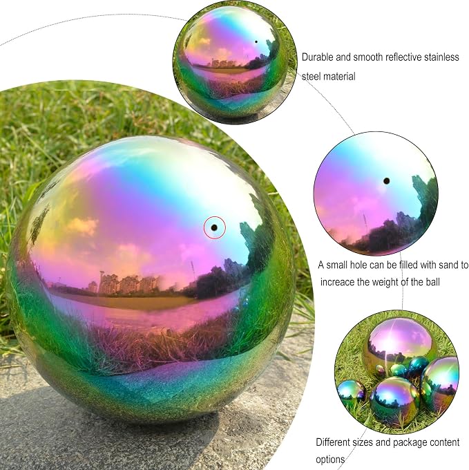 Gazing Ball Garden Mirror Outdoor - Outside Decorative Globe, Rainbow, 2Pcs | Metal Polished Reflective Sphere, Stainless Steel Hollow Decoration Ornament for Home Pond Swimming Pool Housewarming Gift