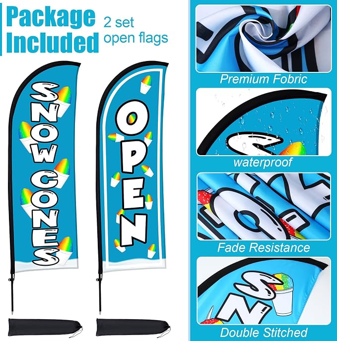 Buryeah 2 Sets Snow Cones Open Feather Flag for Business Advertising 8 ft Feather Flag Sign with Flagpole Ground Stake Portable Bag Snow Cones Banner with Rope for Outside Garden Park Party (Blue)