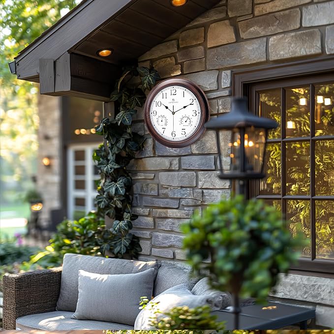 Lafocuse 12 Inch Outdoor Clocks Waterproof for Patio Pool Bathroom | With Thermometer Combo and Hygrometer, Vintage Rustic Weather Outside Clock for Garden Garage Porch Kitchen, Silent, Accurate