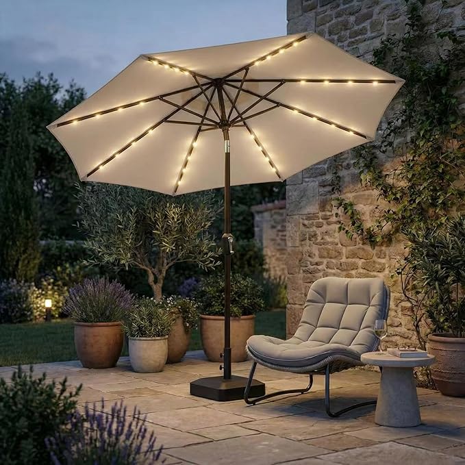 Kingdura 10FT Outdoor Patio Umbrella with Solar Lights, Market Table Umbrella with Push Button Tilt & Crank, 8 Sturdy Ribs, 32 LED Lights, UV Protection for Garden Lawn Deck Backyard Pool (Beige)