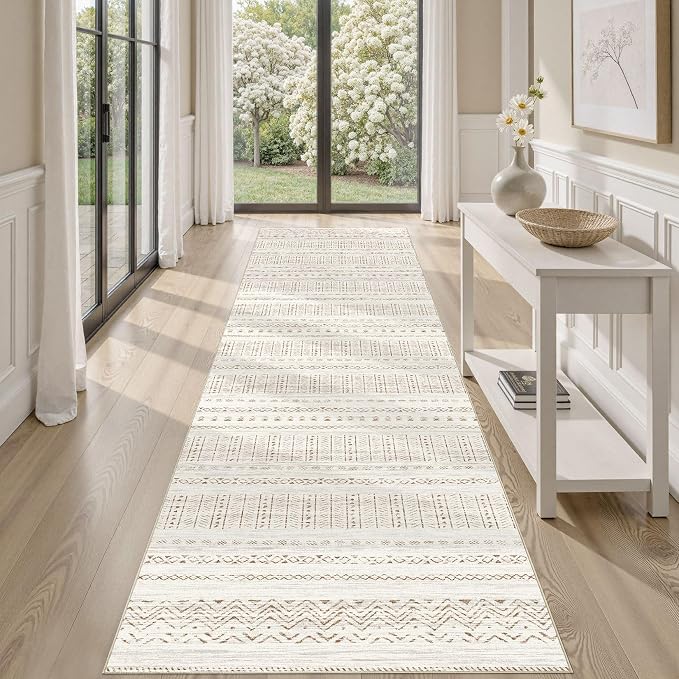 cotiled Hallway 2.6x8 Runner Rugs Washable Boho Moroccan Soft Rug | Solve Modern Neutral Trendy Home Decor - Stain Resistan Carpet for Entryway Kitchen Laundry Room Brown Cream