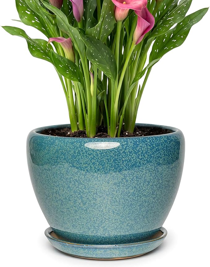 9.5 Inch Ceramic Plant Pot with Drainage Hole Mesh Net,Modern Gardening Pots for Indoor Plants with Saucer, Crackle Blue
