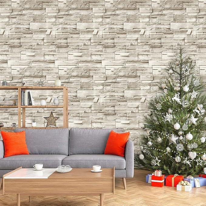 Jeweluck Stone Wallpaper Peel and Stick Brick Wallpaper 17.7”×393.7” Brick Contact Paper Peel and Stick Wall Paper Bathroom Faux Stone Backsplash for Kitchen Removable Decorative for Walls Vinyl