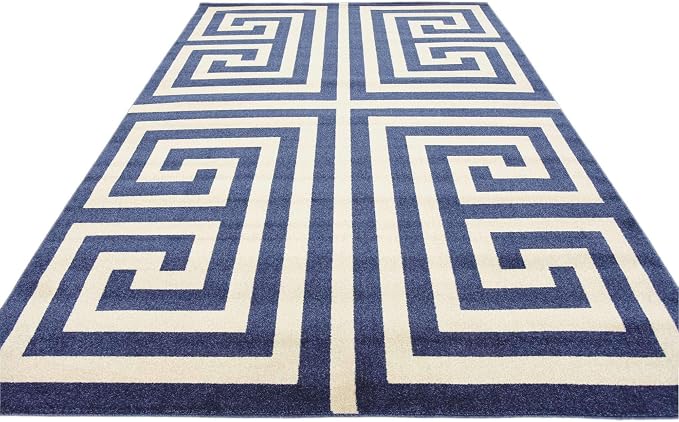 Unique Loom Athens Collection Classic Geometric Modern Border Design Area Rug (7' 0 x 10' 0 Rectangular, Navy Blue/ Beige)
