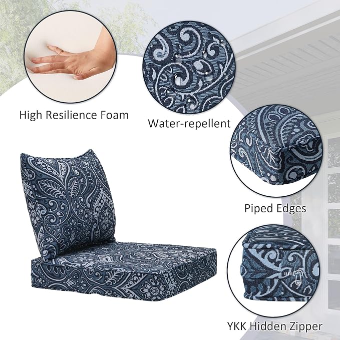 Unimatta Outdoor Patio Chair Cushions Set, 24" x 24"(24x24 Back), Set of 2, Water-Repellent, Fade Resistant, Deep Seat Bottom and Back Cushion for Backyard, Couch, Sofa, Damask Blue Flower