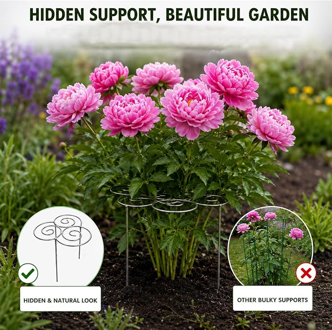 Metal Plant Support Ring for Garden, Heavy-Duty Peony & Dahlia Cage, Stackable Flower Support for Indoor & Outdoor Plants, Decorative Grow-Through Ring, Orchid Clip
