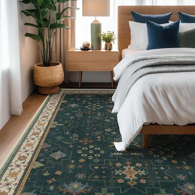 Vintage Dark Green 6x9 Dining Room Rugs for Under Kitchen Table - Washable Livinig Room Rug - Unique Floral Pastel Low Pile Non-Slip Large Area Rugs for Bedroom