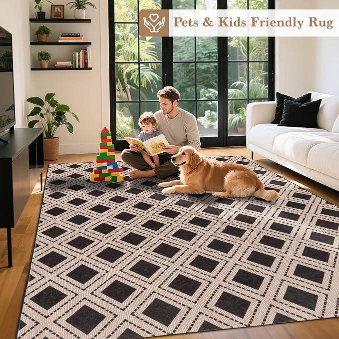 LBRO2M Machine Washable Rug Soft Pet Friendly Carpet 9X12 Black | Checkered Rug 9X12 for Living Room, Bedroom, Dining Room, Home Office, Non Slip Carpet, Foldable Stain Resistant Rugs
