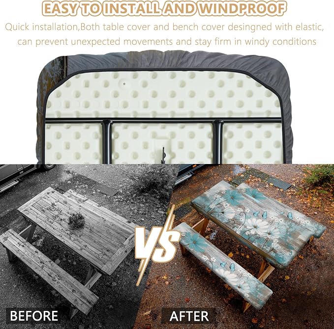 Picnic Table Cover with Bench Covers Elastic Edges, Outdoor Patio Camping Essentials 72 Inch 3PCS, Waterproof Camping Fitted Tablecloth with Handbags (Rustic Daisy Floral Art)