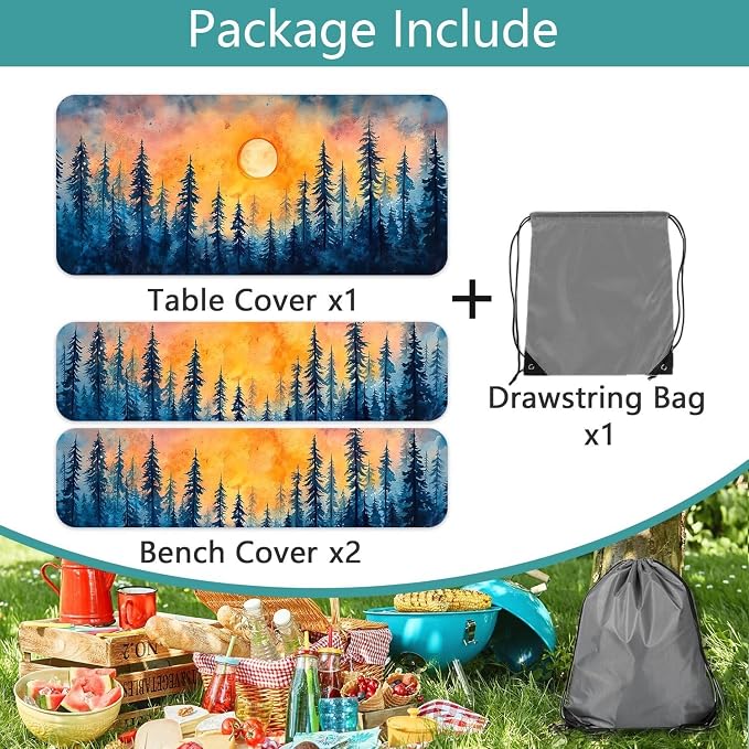 Picnic Table Cover with Bench Covers and Bag, Forest Sunset Camping Essentials Waterproof Windproof, Fitted Tablecloth Cover with Elastic Edge, for Indoor & Outdoor, Camping, 3 Pieces Set, 30x72 IN