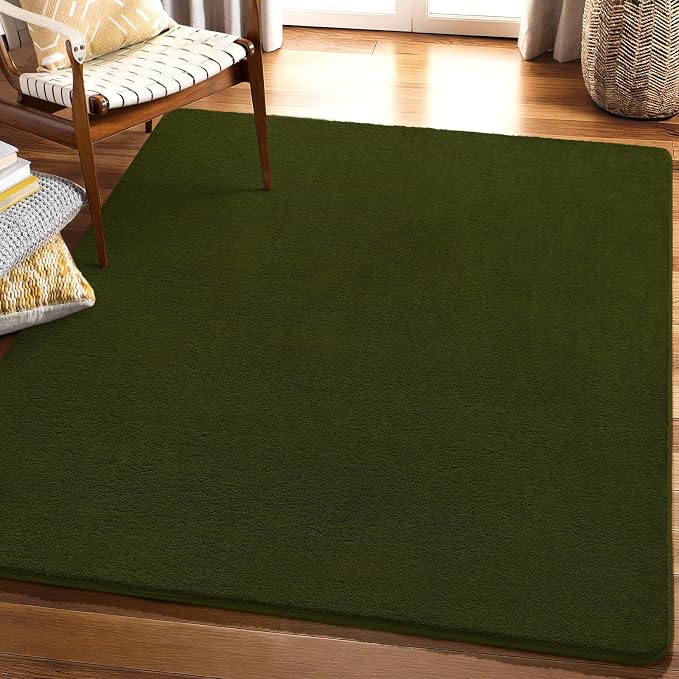 Amearea 4x4 Square Area Rug for Bedroom Living Room, Olive Green Fluffy Rug | Thickened Memory Foam Rug, Indoor Washable Rug Non Slip Minimalist Carpet for Entryway Boys Girls Dorm Nursery Room Decor