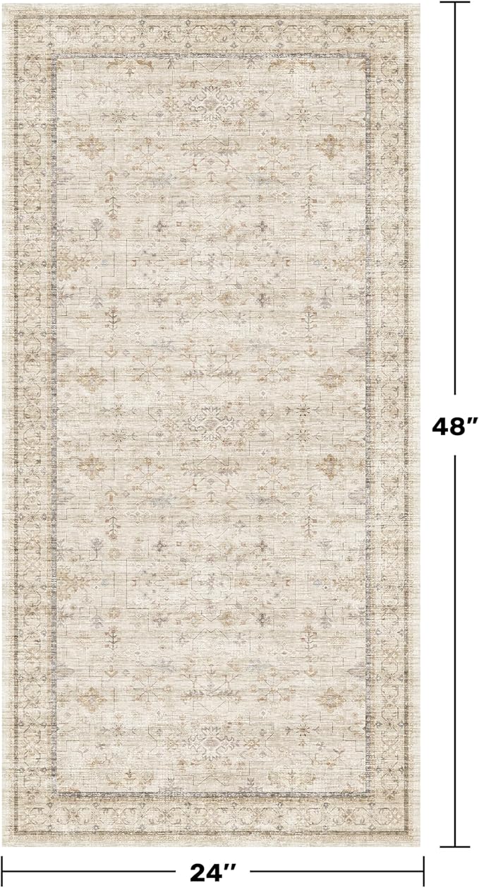 Washable 2x4 Beige Bathroom Rugs, Farmhouse Small Rugs for Entryway, Geometric Floral Design Non Slip Kitchen Floor Mats, Modern Home Décor, Low Pile & Soft Stain Resistant Carpet