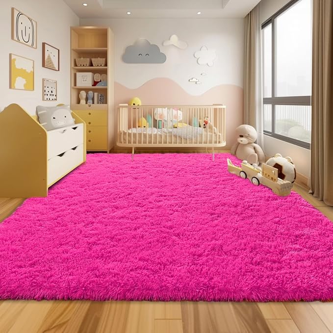 Soft Shag Rugs for Girls Bedroom, Fluffy Washable 4x6 Hot Pink | Upgrade Non-slip, 4 x 6 Shaggy Rugs for Living Room, High Pile Fuzzy Plush Carpet Kids Room Dorm, Flame Resistant