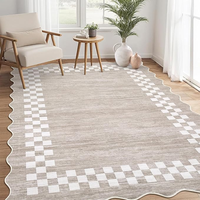 GarveeHome Area Rug 6x9 Large Living Room Modern Border Throw Rug | with Rubber Backing Stain Resistant Dining Room Throw Carpet Washable Scalloped Rug for Bedroom Home Decor Office, Fog
