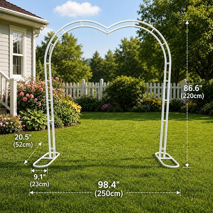 Metal Garden Arch, 98.5" W x 90.5" H Heavy Duty Metal Garden Arch Trellis for Climbing Plants (White, Heart)