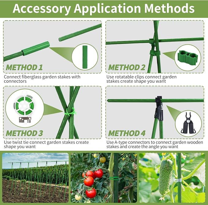 70pcs Garden Stakes Set, 16 Inches Plastic Coated Metal Plant Sticks Stakes Supports, DIY 4ft 5ft 6ft 7ft 8ft Tomato Stakes for Growing Climbing Tomato Vegetables Flowers Pepper, Versatile Ues