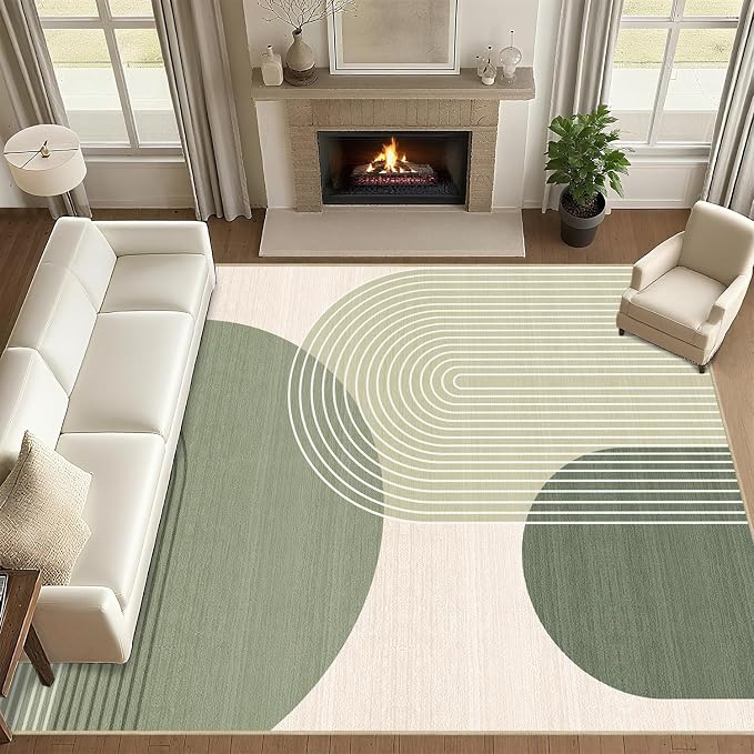 9x12 Large Area Rug for Living Room Boho Rug Bohemian Rugs Machine Washable Modern Geometric Rug Non Slip Printed Low Pile Indoor Floor Carpet for Dining Room Bedroom Office,Green