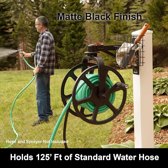 Liberty Garden Single Arm Navigator Hose Reel with Pull Up Latch, Black