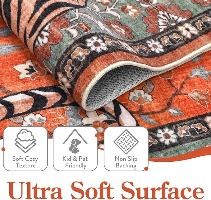 Moynesa Tiger 5x7 Area Rug, Boho Washable Living Room Rug, Non Slip Rugs for Bedroom, Ultra Thin Vintage Soft Stain Resistant Throw Floor Carpet for Office Dining Room, Rust