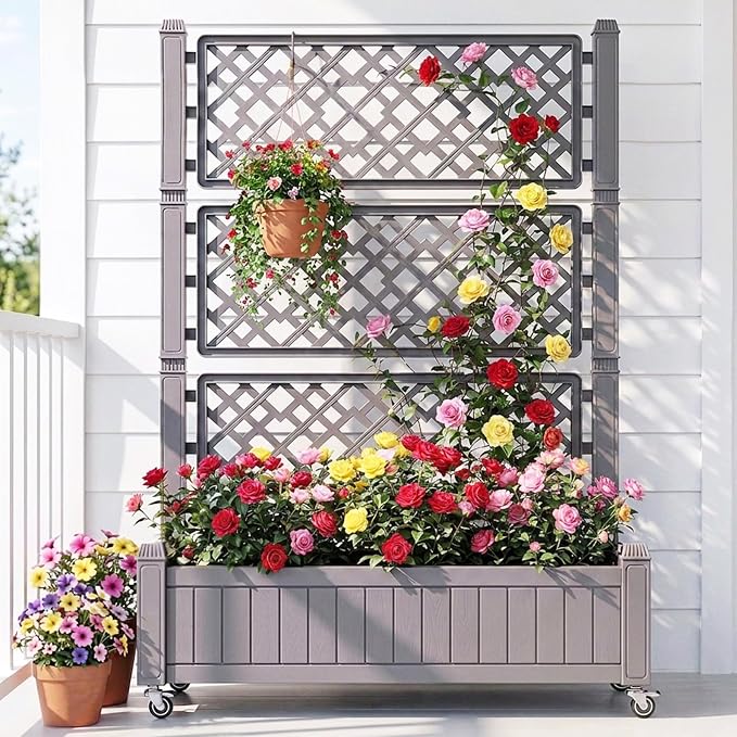 YITAHOME 43.3x17.7x61 in Planter Boxes Outdoor with Trellis, Resin Raised Garden Bed with Wheels & Drain Plug for Climbing Plants, Weather-Resistant Design Elevated Garden Bed with Trellis, Brown