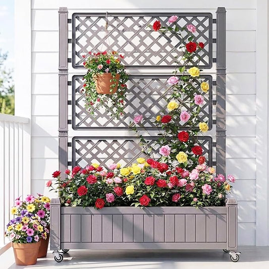 YITAHOME 43.3x17.7x61 in Planter Boxes Outdoor with Trellis, Resin Raised Garden Bed with Wheels & Drain Plug for Climbing Plants, Weather-Resistant Design Elevated Garden Bed with Trellis, Brown