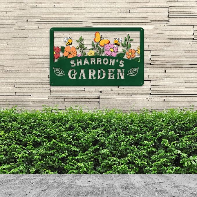 MeMate Floral Garden Plaque, Custom Name Metal Sign for Mom Grandma, Rustic Decor for She Shed