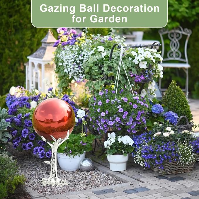 Gazing Ball Garden Mirror Outdoor - 10 Inch Outside Decorative Globe, Red | Metal Polished Reflective Sphere, Stainless Steel Hollow Decoration Ornament for Home Pond Swimming Pool Housewarming Gift