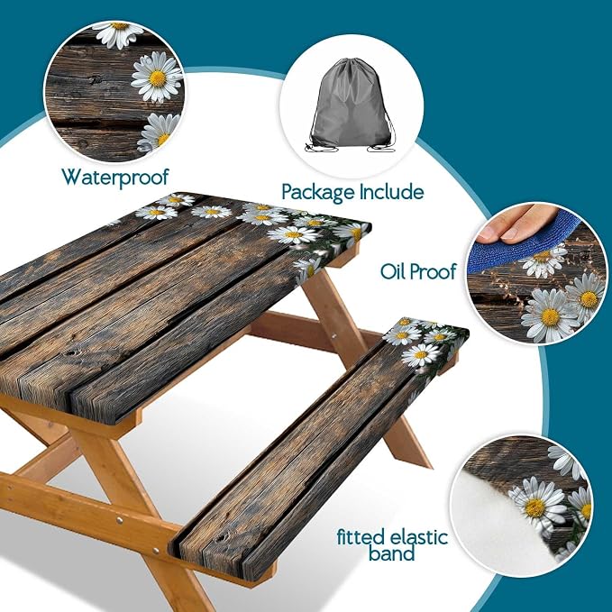 Picnic Table Cover with Bench Cover, Outdoor Patio Camping Essentials Farmhouse Daisy Table Covers with Elastic Waterproof Camping Tablecloth with Drawstring Bag, 72In 3PCS