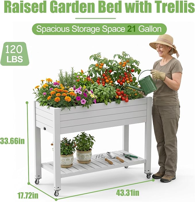 EFU Raised Garden Beds Outdoor, with Wheels & Extra Storage Shelf, Water Level Monitoring, Elevated Garden Bed, 21 Gallon Planter Raised Beds for Vegetables, Fruits, Backyard, Patio (Grayish White)