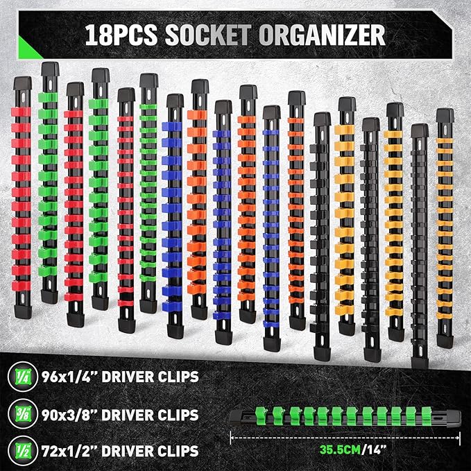 22-Piece Socket Organizer & Magnetic Wrench Organizer Set, 1/4", 3/8", 1/2" Drive Socket Holder, Total 64 Slots Metric & SAE Magnetic Wrench Holder (Socket, Wrenches not Included)