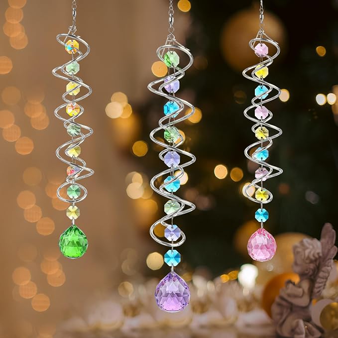 Set of 3 Crystal Suncatcher Spiral Wind Spinner Gazing Ball Decor | Crystal Suncatcher Rainbow Maker with Spiral Tail Hanging for Outdoor Garden Patio Porch Christmas Window Decor