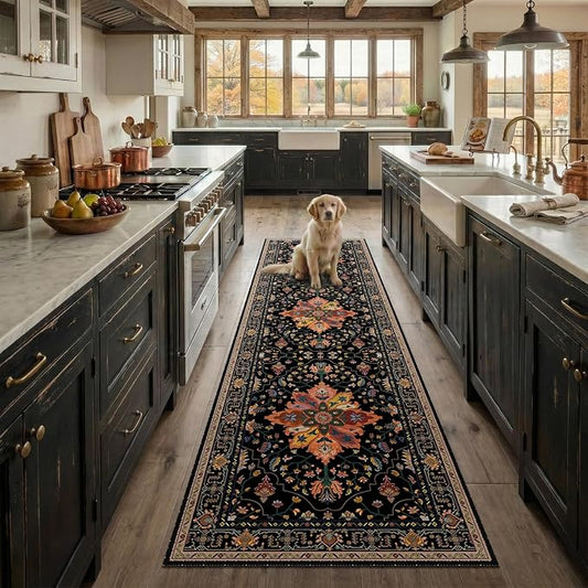 RELEANY Washable Area Rug, Runner 2'x8', Black/Colorful | Non-Slip, Water Repellent, Pet Friendly, Easy to Clean, Vintage Floral Boho Decor for Kitchen Hallway Bedroom Laundry