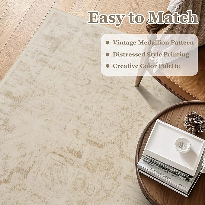 Farmhouse Beige 2x6 Runner Rugs for Hallway Entryway, Kitchen Runners Washable Non Slip Low Pile, Vintage Distressed Medallion Printed Rugs for Mudroom/Bedroom Bedside/Laundry Room/Bathroom