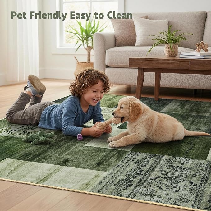 Washable Area Rugs 8x10 for Living Room, Large Modern Geometric Green Soft Patchwork Carpet, Non-Slip Stain Resistant Throw Rug for Bedroom Dining Room Office Home Decor