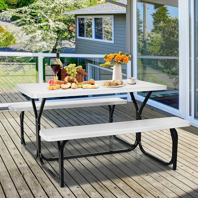 HAPPYGRILL Outdoor Picnic Table Bench Set with Metal Frame & All Weather-Resistant Surface, Camping Table Set for Patio Backyard Poolside Garden Dining Party