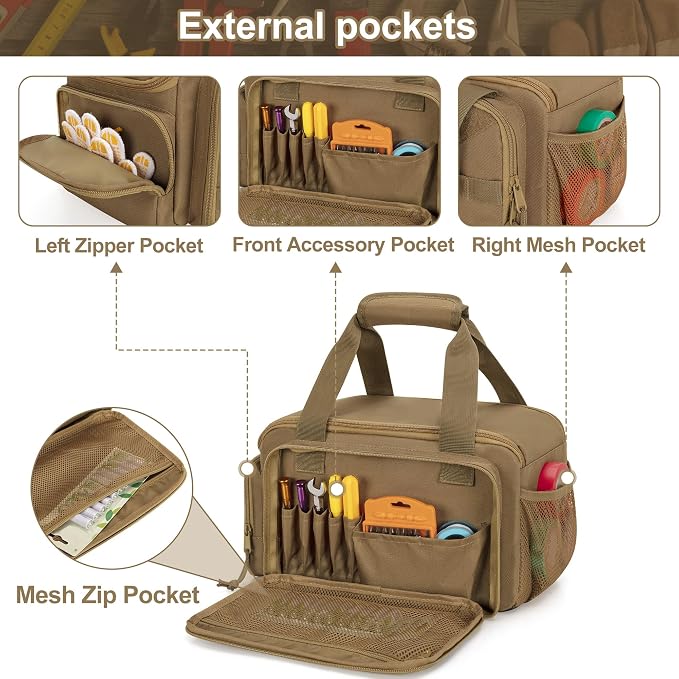 Rexmica 12-Inch Tool Bag with Anti-friction Bottom, Hand Tool Storage Organizer Bag for Men, Tactical Range Bag, Multi-purpose Work Tote for Repairman, Electrician, Carpenters, Handyman, Khaki
