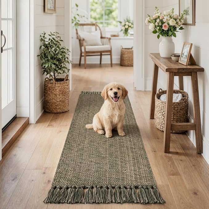 Moss Green Bathroom Runner Rug, 2' x 5' Boho Kitchen Mats | Hand-Woven Entryway Rug Runners for Hallway, Modern Farmhouse Washable Laundry Carpet Indoor Front Door Mat for Bedroom Decor